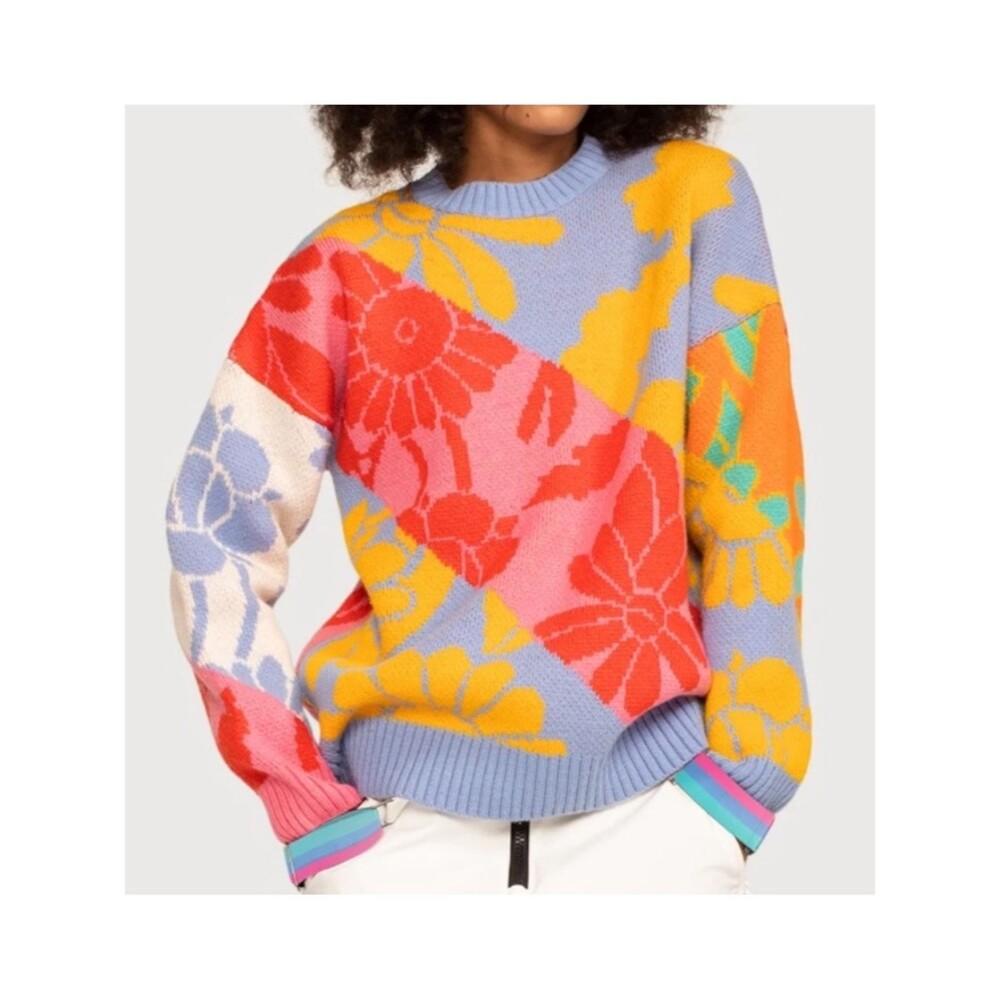 Rowley X Roxy Apreski Layer Sweater Colorful Floral Chunky Knit Size XS Coastal